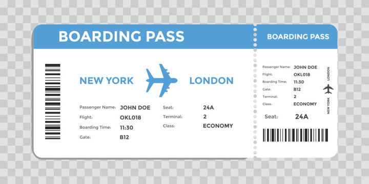 Airline boarding pass template. Realistic flight ticket icons. Passenger details and destination label. Air travel pass concept. Aviation information symbol
