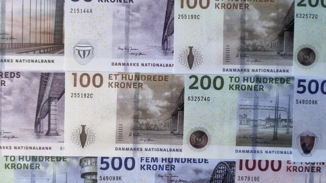 Money, currency of Denmark, Danish krone banknotes of various denominations. Denmark, Danish money as a financial background for your design