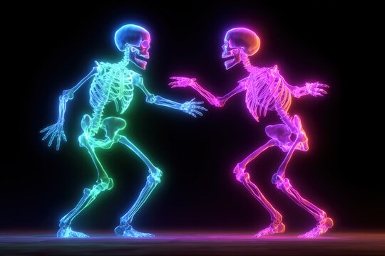 Happy Neon Skeletons Dancing on Black Background