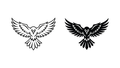Obraz premium Aggressive eagle in flight silhouette and line art vector emblem for sports team branding