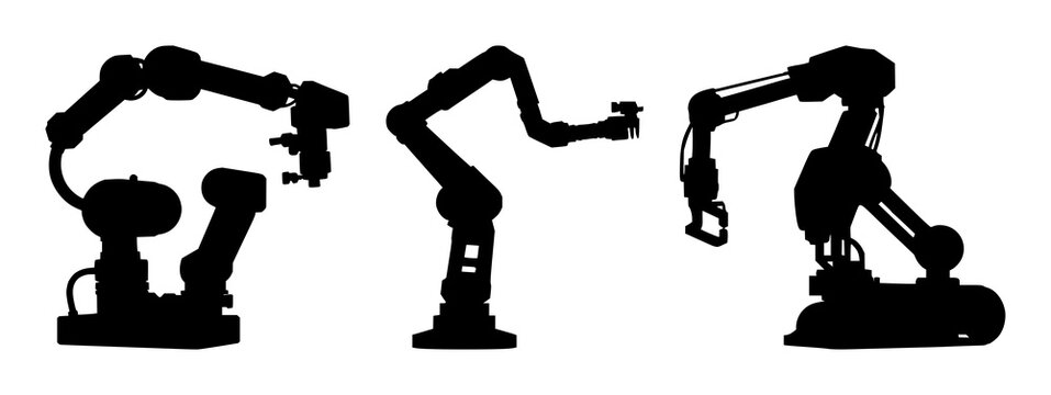 Industrial Cobot set with solid black silhouette of a modern collaborative robot in manufacturing, featuring clean lines, geometric edges, minimal design with black silhouette and white background