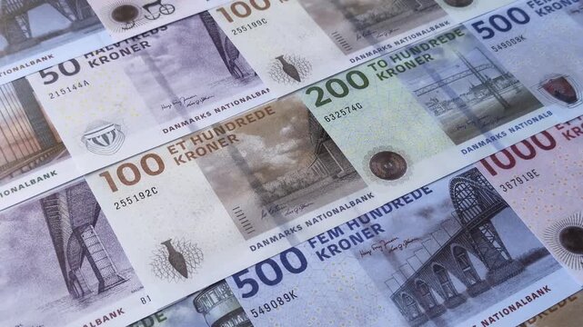 Money, currency of Denmark, Danish krone banknotes of various denominations. Denmark, Danish money as a financial background for your design