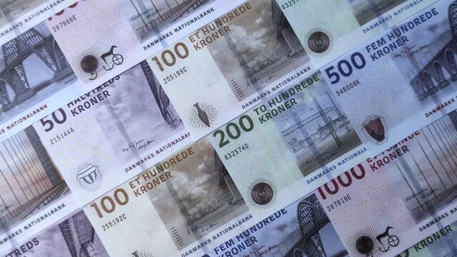 Money, currency of Denmark, Danish krone banknotes of various denominations. Denmark, Danish money as a financial background for your design