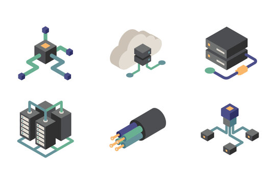 Network server infrastructure isometric icon set vector illustration