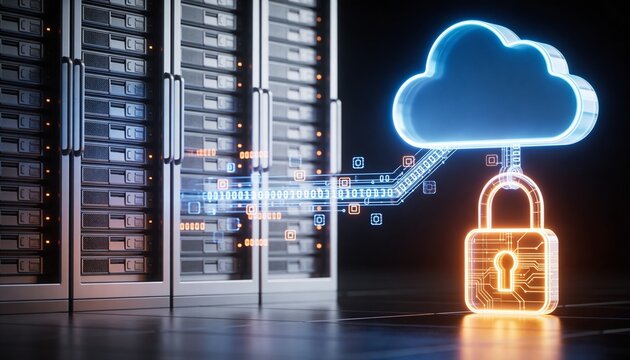 Glowing cloud storage object and secured server rack connected by floating encrypted data streams, luminous padlock binding both, minimalist clean 3D render, dark futuristic backdrop, vivid color sche