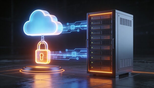 Glowing cloud storage object and secured server rack connected by floating encrypted data streams, luminous padlock binding both, minimalist clean 3D render, dark futuristic backdrop, vivid color sche