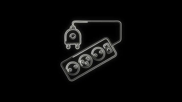 Glowing neon line Power Strip icon with electric connection animation. Extension board icon animation HD video isolated on black background