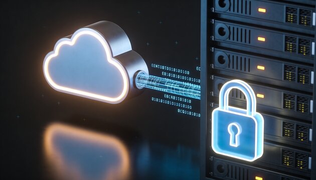 Glowing cloud storage object and secured server rack connected by floating encrypted data streams, luminous padlock binding both, minimalist clean 3D render, dark futuristic backdrop, vivid color sche