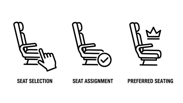 Airline seat selection assignment preferred seating icons representing travel booking options and comfort levels with business class first class user interface user experience selection preferred