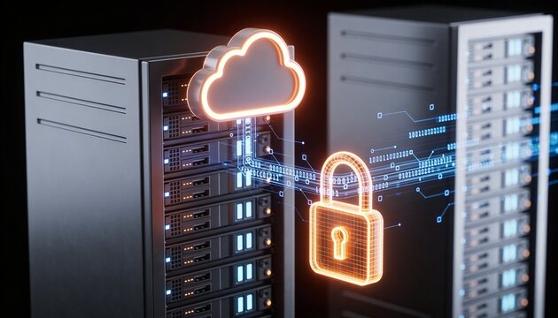 Glowing cloud storage object and secured server rack connected by floating encrypted data streams, luminous padlock binding both, minimalist clean 3D render, dark futuristic backdrop, vivid color sche