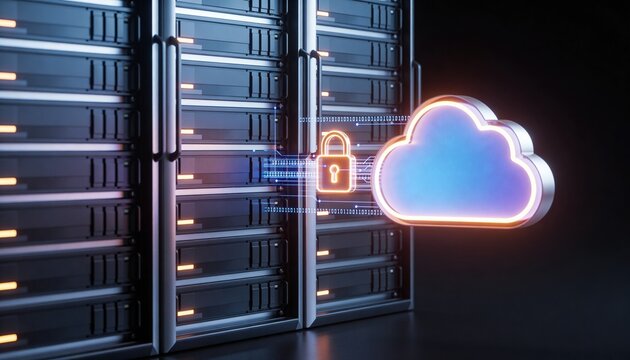 Glowing cloud storage object and secured server rack connected by floating encrypted data streams, luminous padlock binding both, minimalist clean 3D render, dark futuristic backdrop, vivid color sche