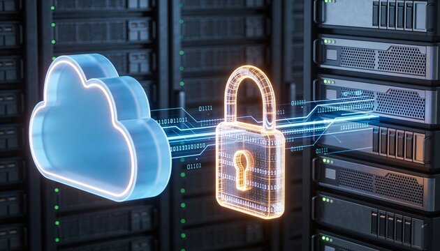 Glowing cloud storage object and secured server rack connected by floating encrypted data streams, luminous padlock binding both, minimalist clean 3D render, dark futuristic backdrop, vivid color sche