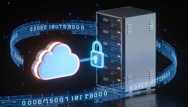 Glowing cloud storage object and secured server rack connected by floating encrypted data streams, luminous padlock binding both, minimalist clean 3D render, dark futuristic backdrop, vivid color sche