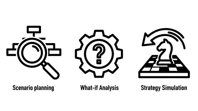 Scenario planning what-if analysis strategy simulation icons for business decision making with what if scenario planning analysis strategy simulation business decision flowchart magnifying