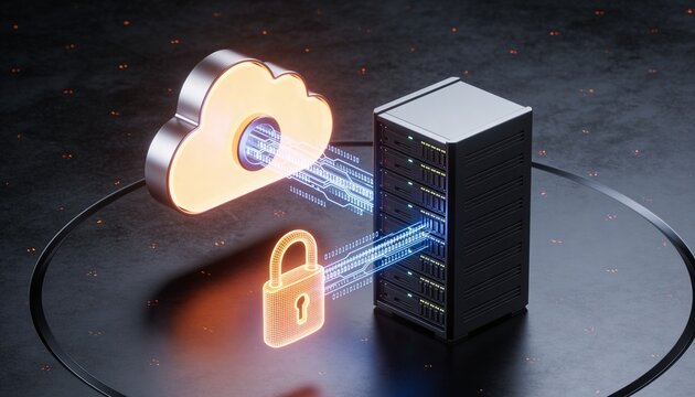 Glowing cloud storage object and secured server rack connected by floating encrypted data streams, luminous padlock binding both, minimalist clean 3D render, dark futuristic backdrop, vivid color sche