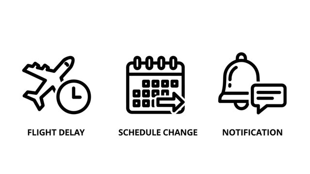 Travel notification and scheduling icons featuring flight delay airplane clock calendar change and alert bell symbols airplane schedule calendar notification information transport reminder