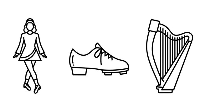 Cultural irish icons featuring a female dancer in traditional costume a dance shoe a classic musical harp instrument traditional instrument performance heritage festival folklore footwear