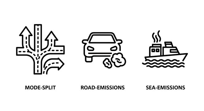 Environmental impact transportation icons showing transport mode split road emissions from cars and sea emissions from ships with transportation environment emissions pollution footprint industry