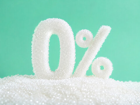 3D white zero percent symbol on sugar crystals against a mint background.