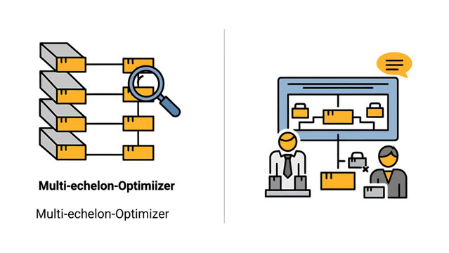 Logistics business optimization concept showing multi echelon optimizer diagrams with magnifying glass and workplace people logistics optimization business workflow management analysis computer