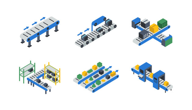 Conveyor systems and warehouse automation isometric icon set vector illustration