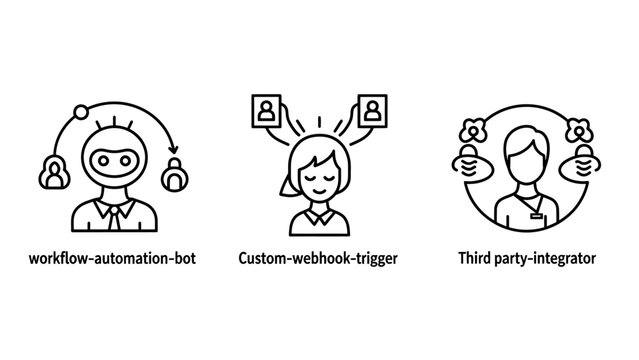 Software development and business process automation icons featuring workflow bots custom webhook triggers third-party platform integrators automation workflow integration developer