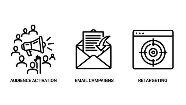 Digital marketing strategy icon set showing audience activation with megaphone email campaigns with envelope and online retargeting website target symbols for advertising marketing advertising