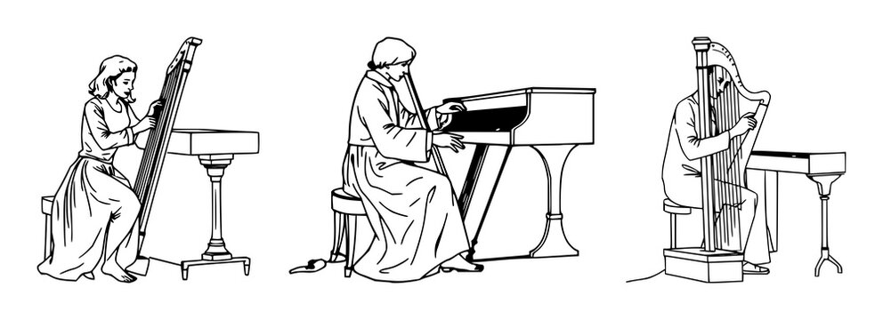 Harpsichord performer set with continuous thin line art on white background featuring continuous line drawing, Baroque music, musical performance with harpsichord and musician