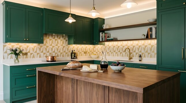 Modern Green Kitchen with Wooden Island and Patterned Tile Backsplash
