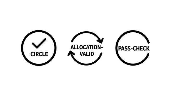 Circle allocation valid pass check verification icons with allocation verification business assurance positive validation management operation standard completion interface application