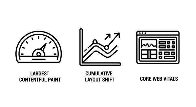 Web performance and core web vitals monitoring icons including largest contentful paint and cumulative layout shift with performance monitoring analytics measurement optimization dashboard