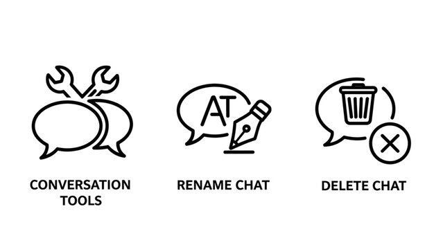 Set of chat management icon illustrations for conversation tools renaming and deleting conversations conversation messaging interface management communication software application feedback
