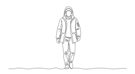 Person in winter parka and jeans one line drawing hooded jacket line art © Line Galaxy