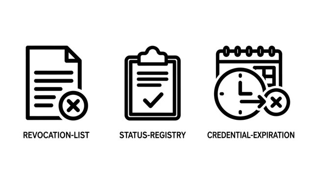 Business documentation and security icons showing revocation list status registry credential expiration with revocation registry credential expiration document clipboard calendar security