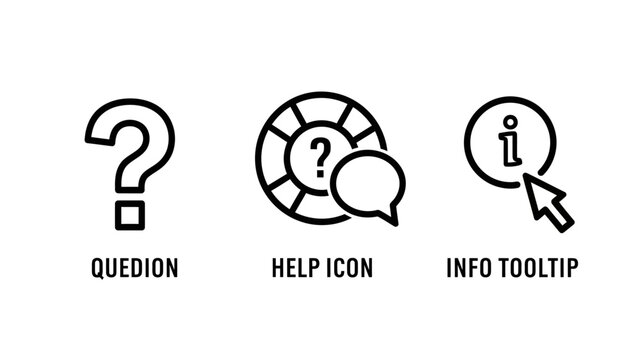 Set of three linear interface icons including a question mark a help lifebuoy an information tooltip with question interface navigation information questionmark lifebuoy minimalist helpdesk
