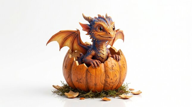 Baby dragon hatching from halloween pumpkin festive fantasy illustration