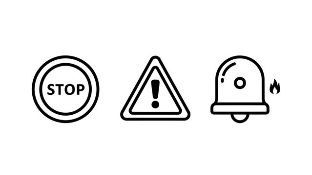 Stop sign warning and emergency alert line icons with attention emergency triangle information notification mandatory prohibition security services detection minimalist regulation