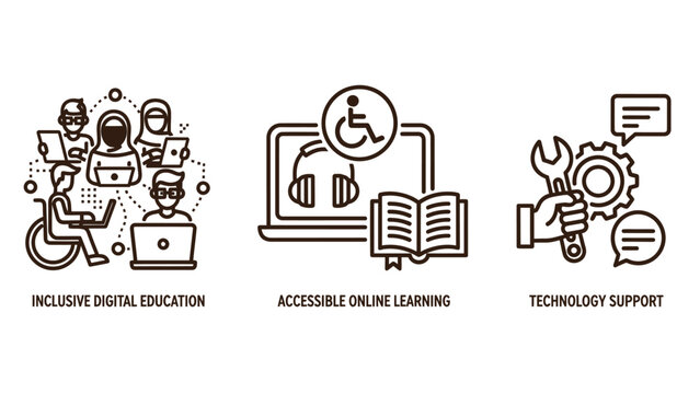 Inclusive digital education and tech support icons set with education technology inclusive accessibility learning disability training graphics business development computer solution