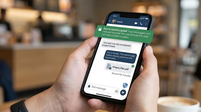 Person holding smartphone displaying secure end-to-end encrypted messaging app with file transfer in a modern cafe setting.
