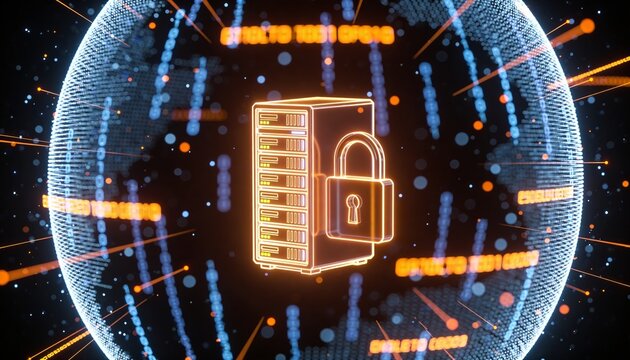 Futuristic minimalist 3D render of a glowing server rack and padlock floating in deep space, surrounded by drifting encrypted particle nebula clouds, cinematic dark background, vibrant digital colors,