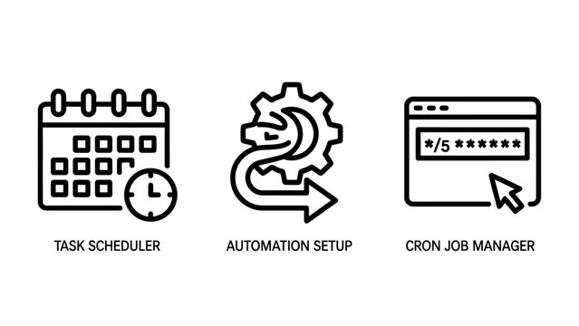 Set of task scheduler automation setup and cron job management icons calendar schedule automation computer management workflow configuration development database deadline efficiency