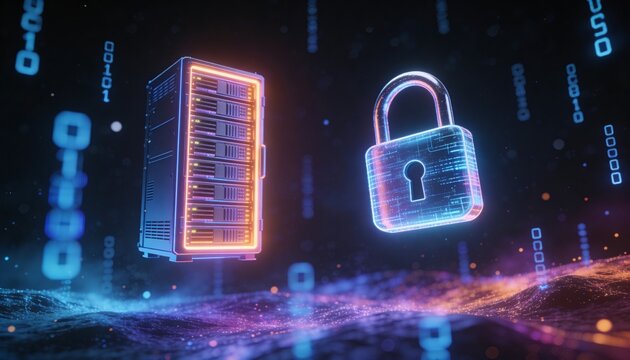 Futuristic minimalist 3D render of a glowing server rack and padlock floating in deep space, surrounded by drifting encrypted particle nebula clouds, cinematic dark background, vibrant digital colors,