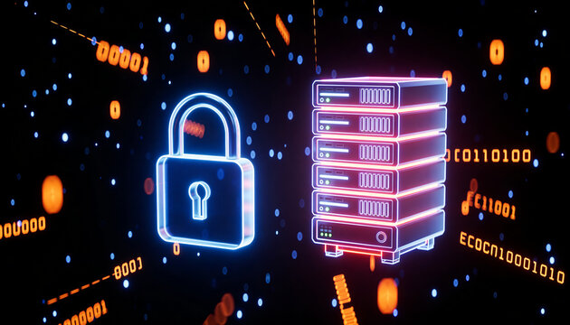 Futuristic minimalist 3D render of a glowing server rack and padlock floating in deep space, surrounded by drifting encrypted particle nebula clouds, cinematic dark background, vibrant digital colors,