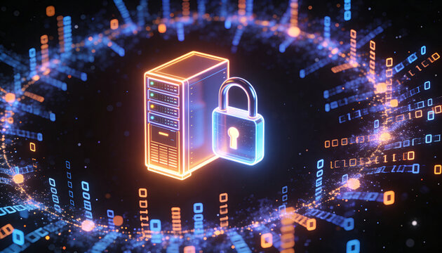 Futuristic minimalist 3D render of a glowing server rack and padlock floating in deep space, surrounded by drifting encrypted particle nebula clouds, cinematic dark background, vibrant digital colors,