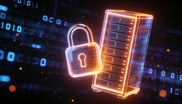 Futuristic minimalist 3D render of a glowing server rack and padlock floating in deep space, surrounded by drifting encrypted particle nebula clouds, cinematic dark background, vibrant digital colors,