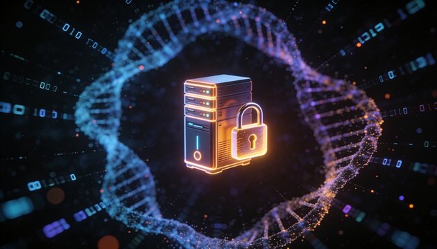 Futuristic minimalist 3D render of a glowing server rack and padlock floating in deep space, surrounded by drifting encrypted particle nebula clouds, cinematic dark background, vibrant digital colors,