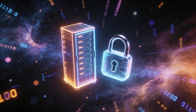Futuristic minimalist 3D render of a glowing server rack and padlock floating in deep space, surrounded by drifting encrypted particle nebula clouds, cinematic dark background, vibrant digital colors,