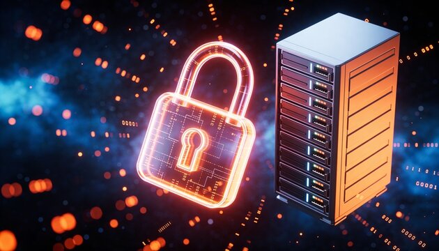 Futuristic minimalist 3D render of a glowing server rack and padlock floating in deep space, surrounded by drifting encrypted particle nebula clouds, cinematic dark background, vibrant digital colors,