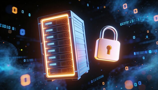Futuristic minimalist 3D render of a glowing server rack and padlock floating in deep space, surrounded by drifting encrypted particle nebula clouds, cinematic dark background, vibrant digital colors,