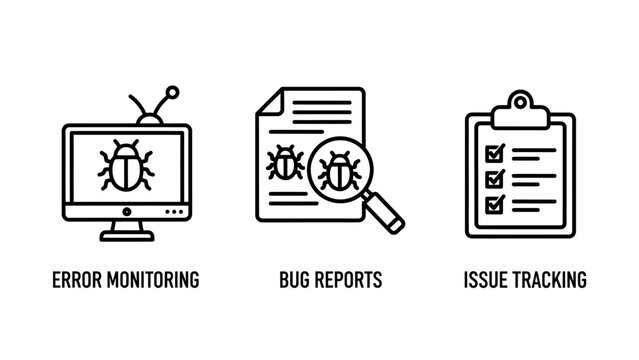 Software development icons showing error monitoring bug reports and issue tracking with software development monitoring tracking programming debugging computer technology management checklist